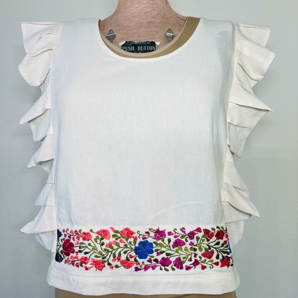 White Ruffle Sleeve Embroidered Floral Top